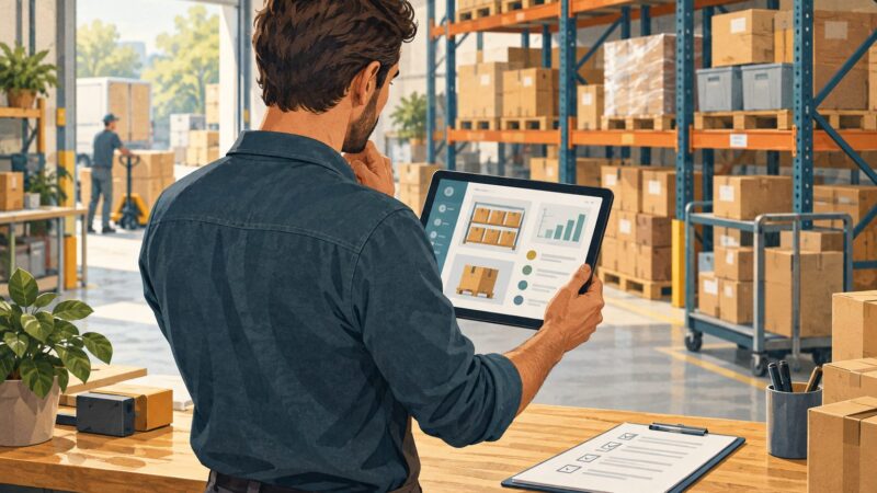 Illustrazione di un responsabile che valuta un software su tablet in un magazzino