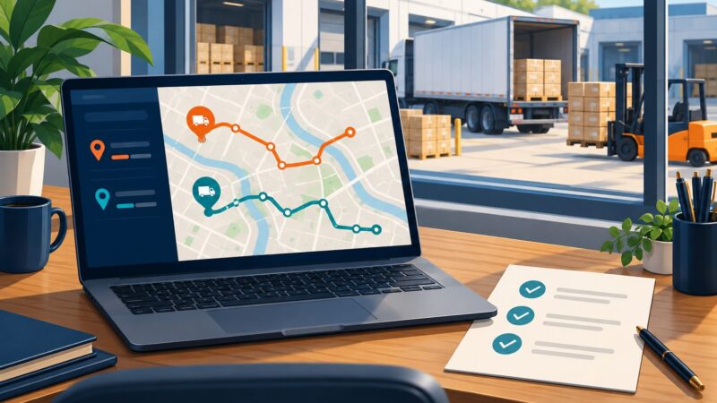 Computer con percorsi di consegna e checklist davanti a un’area di carico con camion.