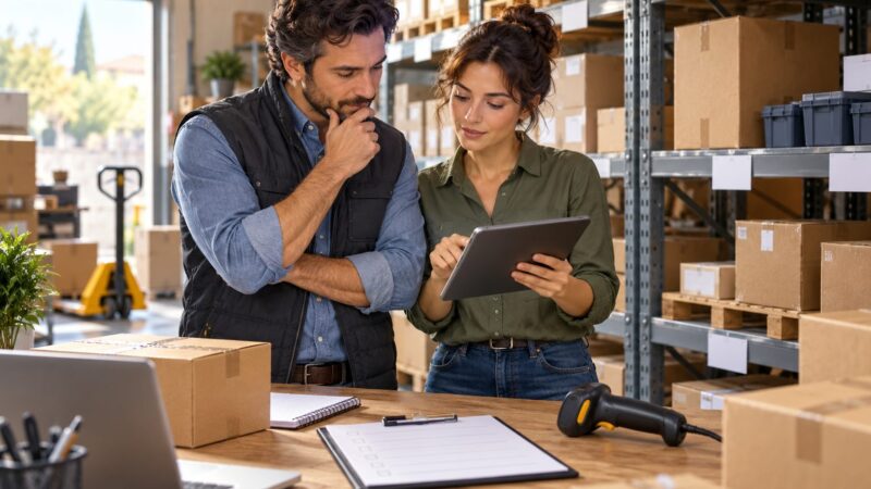 Due responsabili valutano un tablet e una checklist nel magazzino di una PMI.