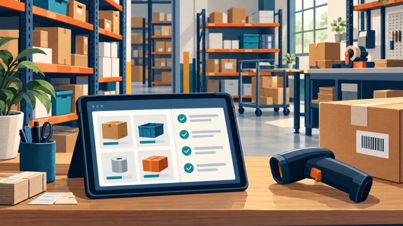 Operatrice con tablet e scanner in un magazzino di piccole dimensioni.